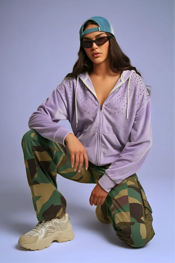 Velour Zip-Up Hoodie and Patchwork Cargo Pants Sporty Spring Outfit