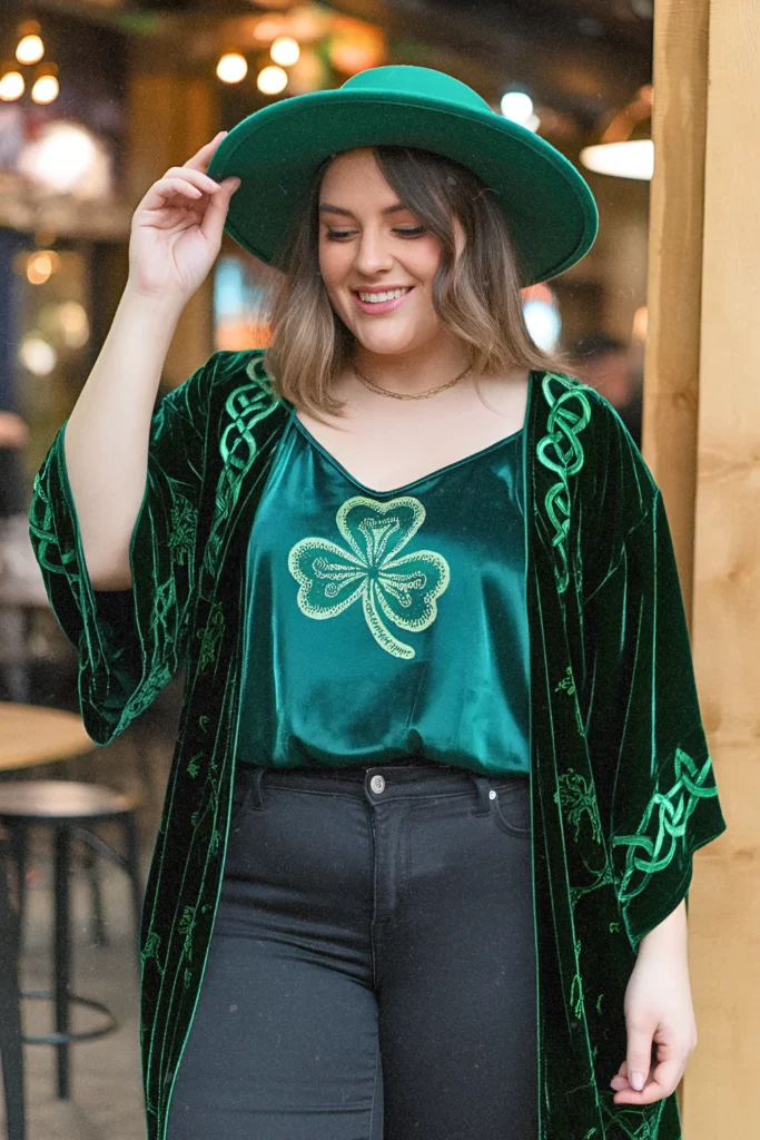 Velvet Burnout Kimono with Metallic Clover Cami and Black Skinnies