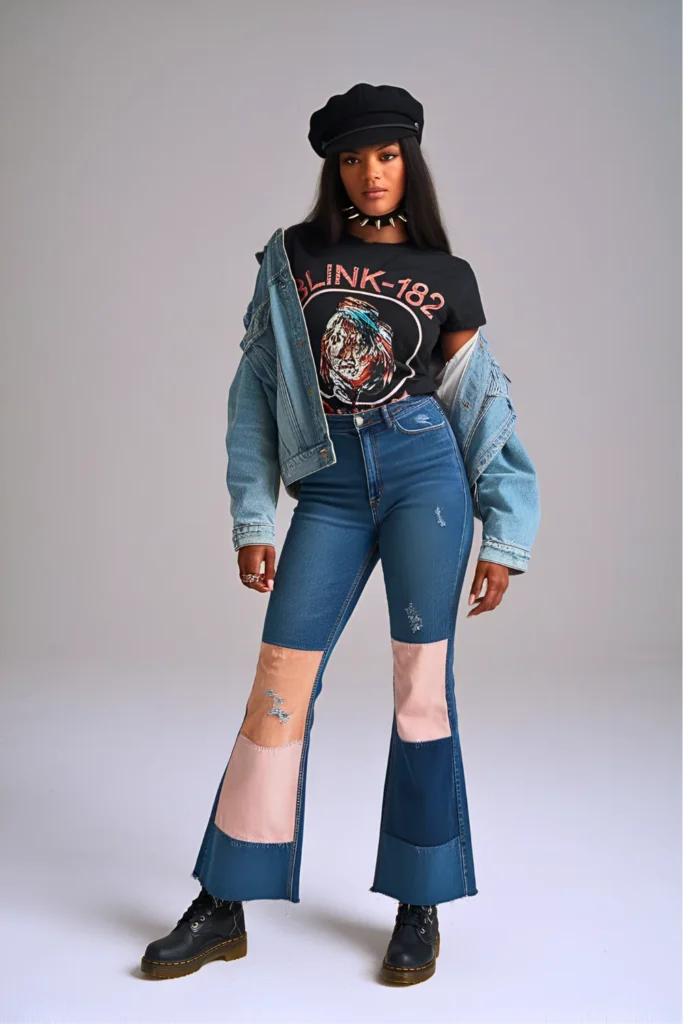 Vintage Band Tee and Patchwork Low-Rise Flares Grunge Spring Look