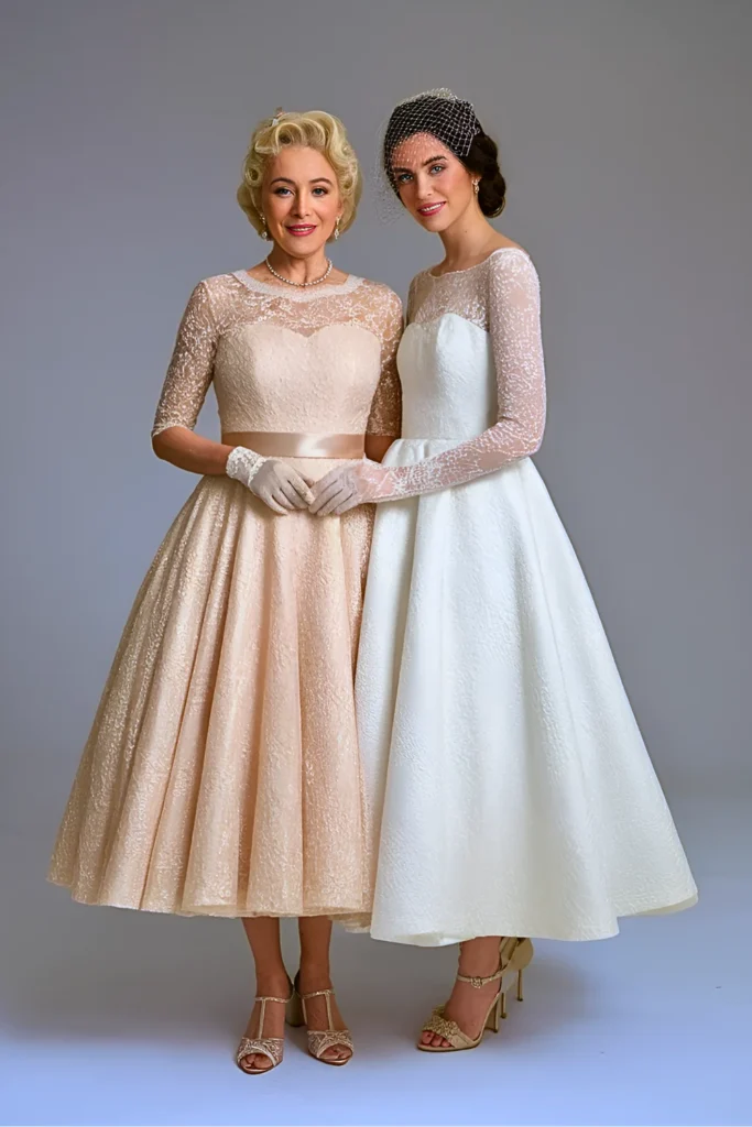 Vintage-Inspired Champagne Lace Tea Length Mother of the Bride Dress