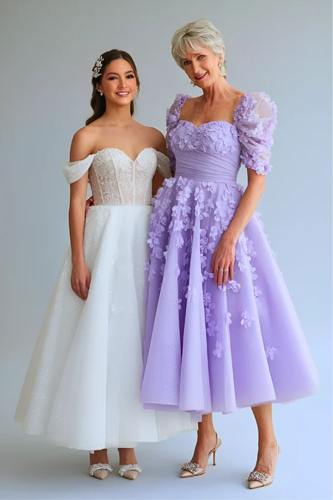 Whimsical Lavender Tulle Tea Length Dress with Floral Appliqués