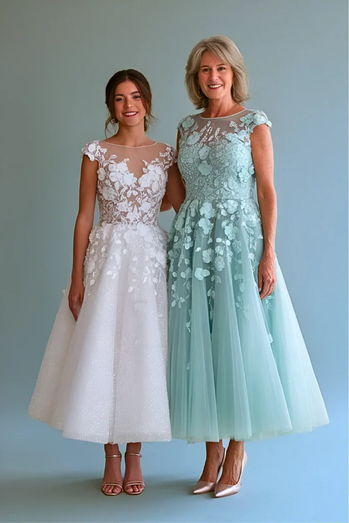 Whimsical Mint Tulle Tea Length Mother of the Bride Dress with Floral Appliqués