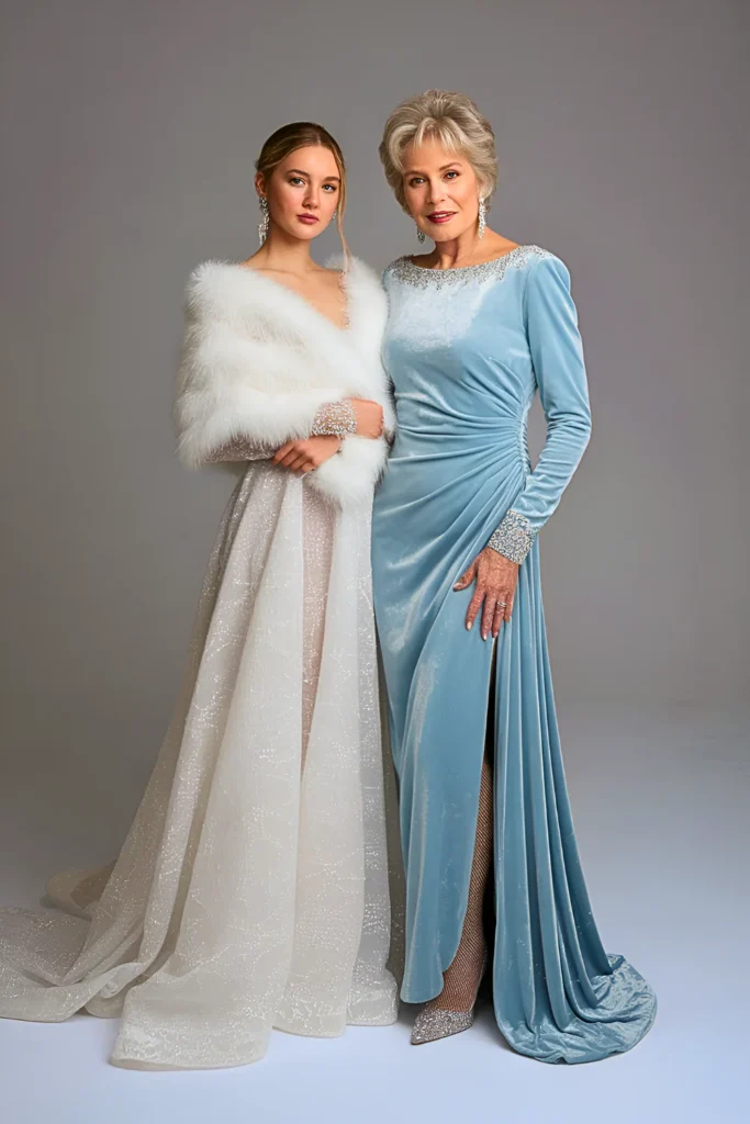 Winter Wonderland Ice Blue Velvet Long Sleeve Mother of the Bride Gown