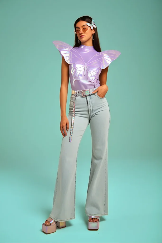 Y2K-Inspired Butterfly Top and Low-Rise Flared Jeans Spring Outfit