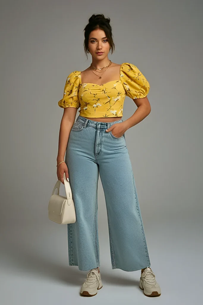 Yellow Floral Print Puff Sleeve Crop Top with Light Wash Wide Leg Jeans Easter Outfit