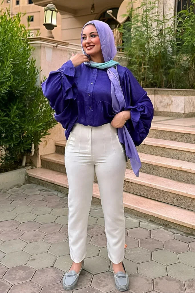 Elegant Purple Blouse, White Pants, and Light Blue Hijab Spring Outfit