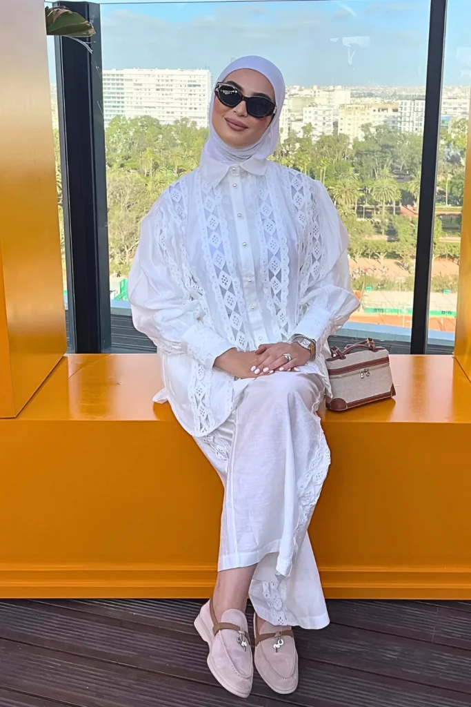 White Lace Blouse, Wide-Leg Pants, and Light Hijab Spring Outfit