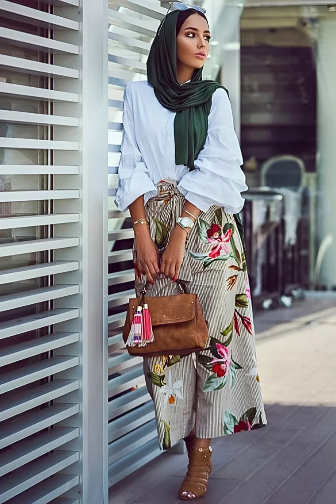 White Blouse, Floral Tapered Pants, and Green Hijab Outfit