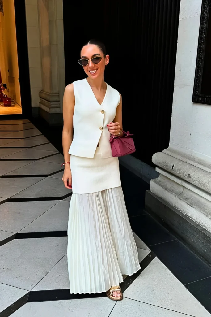 London-Inspired Pleated Maxi & Vest Spring Outfit