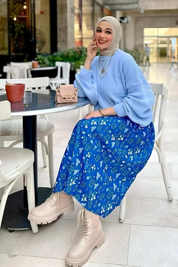 Light Blue Sweater And Floral Skirt Hijab Spring Outfit