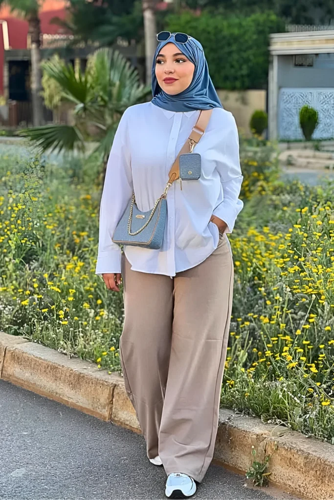 Flowy White Blouse And Khaki Trousers Hijab Spring Outfit