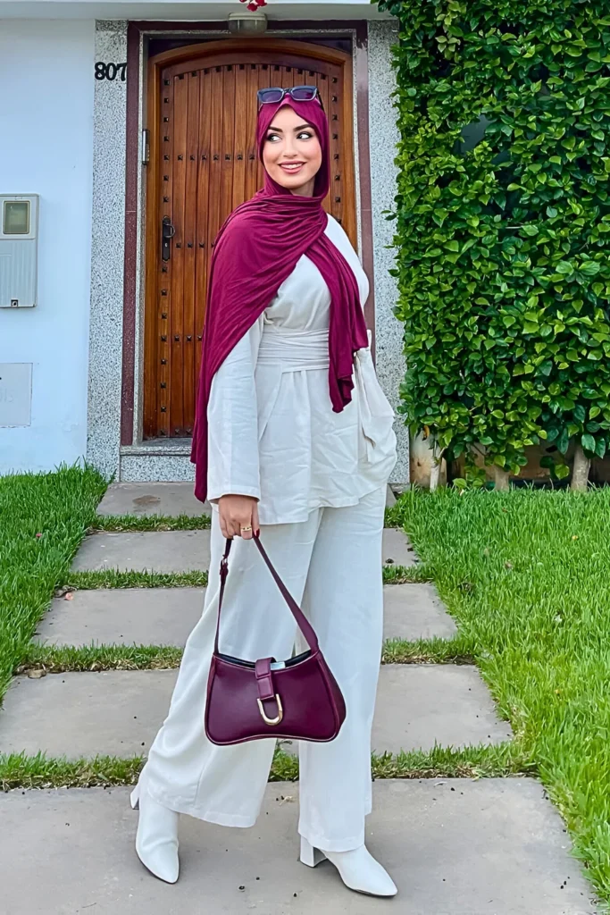 Elegant White Linen Outfit with Maroon Hijab