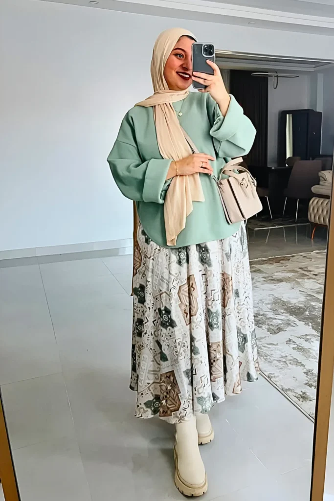 Chic Mint Sweatshirt with Printed Skirt and Hijab Spring Hijab Outfit