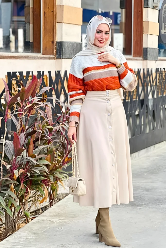 Cozy Cream Sweater Dress with Striped Hijab Spring Hijab Outfit