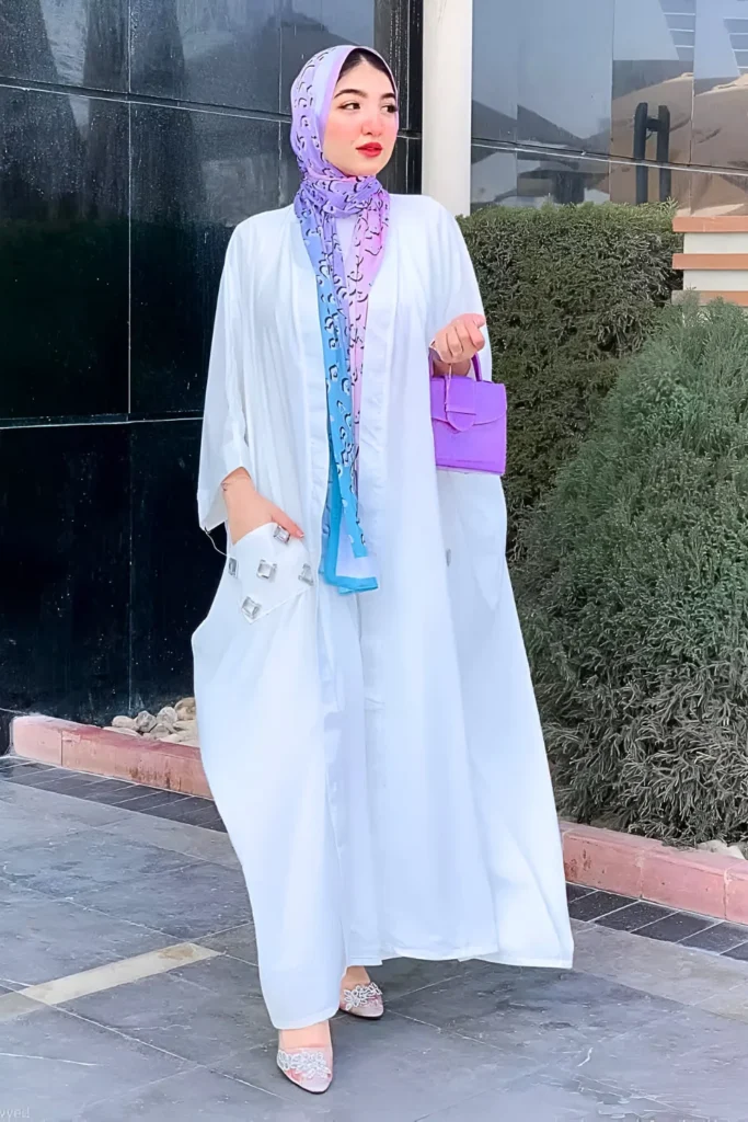 Elegant White Abaya with Ombré Purple Hijab Spring Hijab Outfit