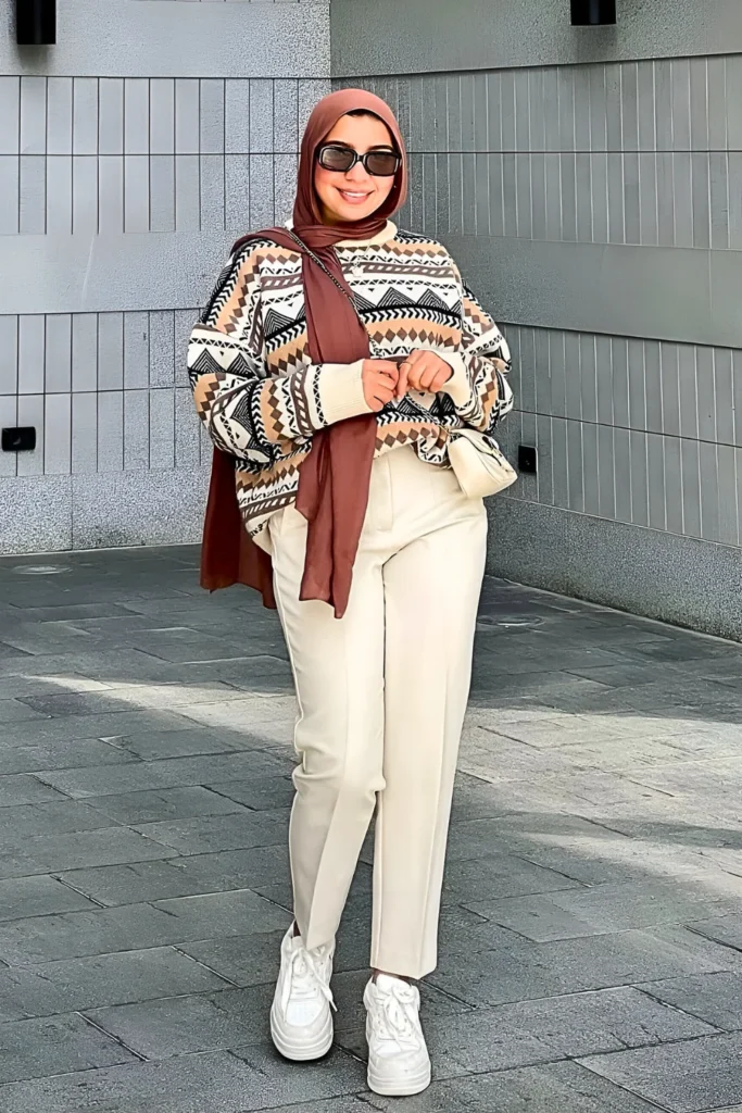 Cozy Geometric Print Everyday Spring Hijab Outfit