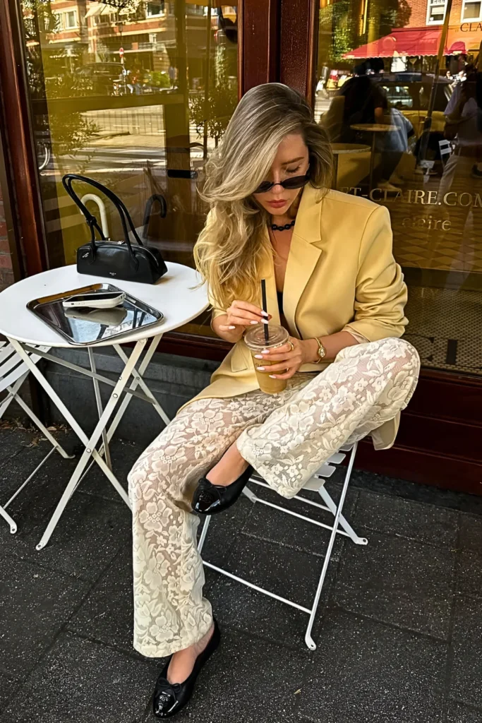 London-Inspired Lace Pants & Blazer Spring Outfit