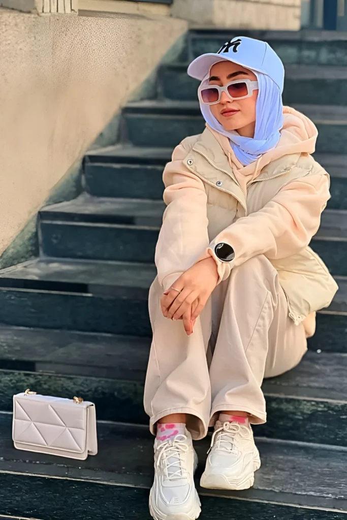 Cream Monochrome Athleisure Spring Hijab Outfit