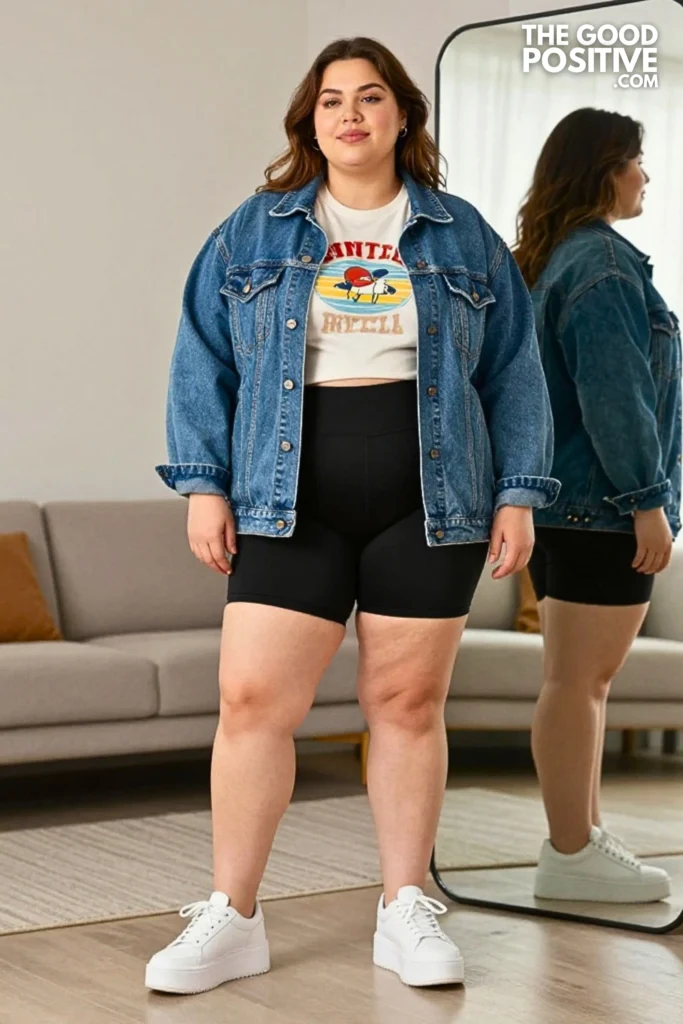 Plus Size 90s Aesthetic Oversized Denim Jacket With Biker Shorts Outfit