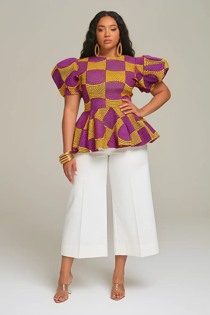 Plus Size African Print Peplum Blouse Summer Outfit