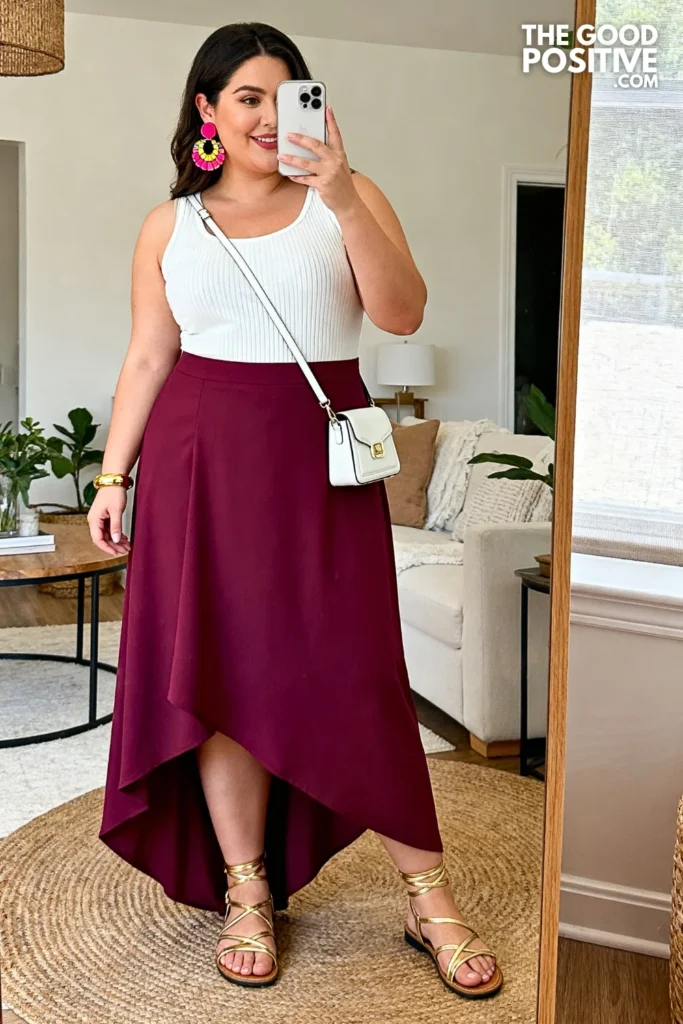 Plus Size Asymmetrical Hem Maxi Skirt With Fitted Scoop-Neck Tank Outfit