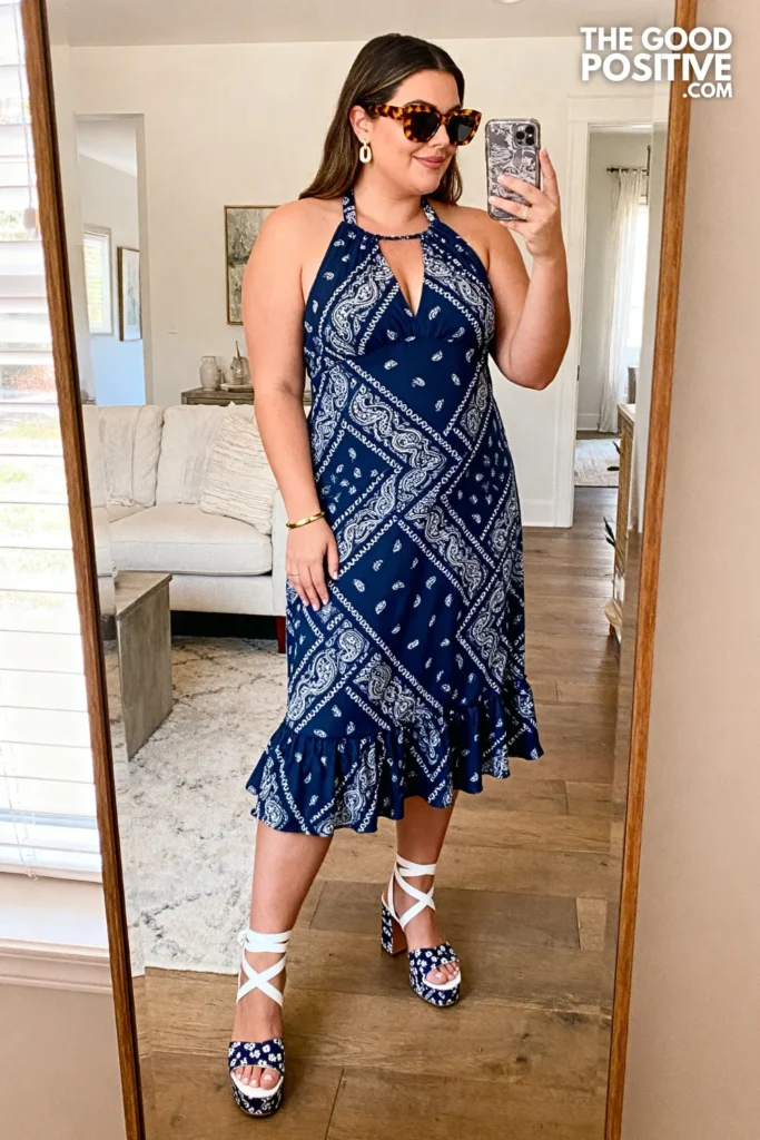 Plus Size Bandana Print Halter Neck Midi Dress With Ruffle Hem Outfit