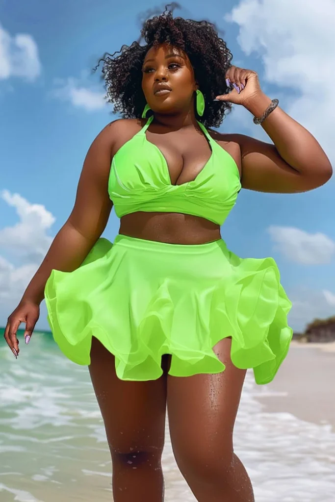 Plus Size Beach Lime Green Ruffle Swimsuit Fabric Two Pieces Swimsuit