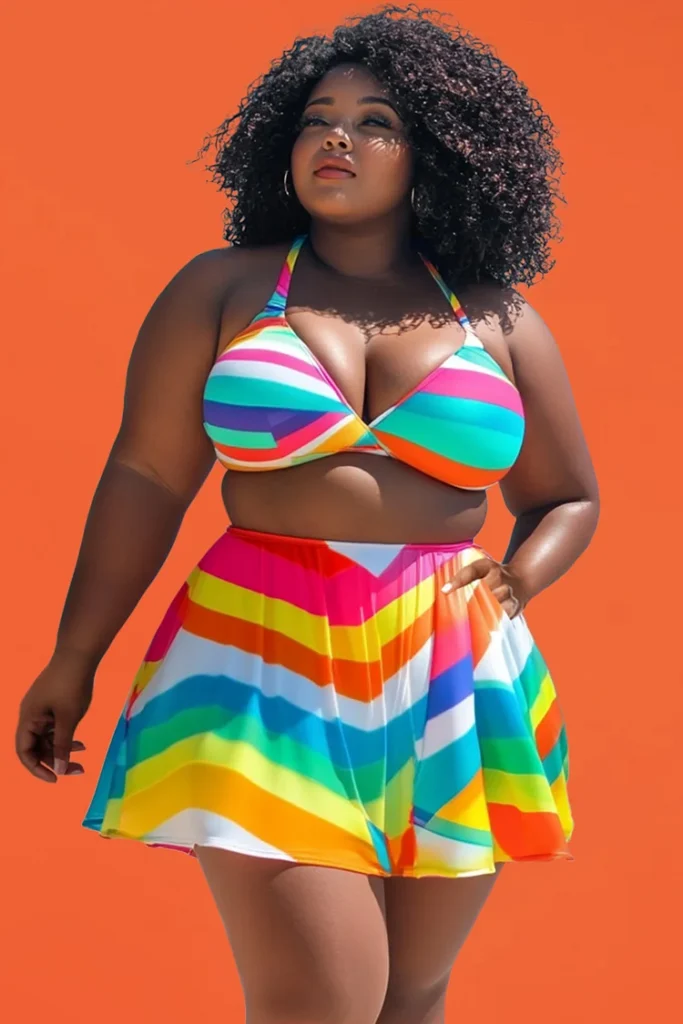 Plus Size Beach Multicolor Striped V Neck Swimsuit Fabric Two Pieces Swimsuit