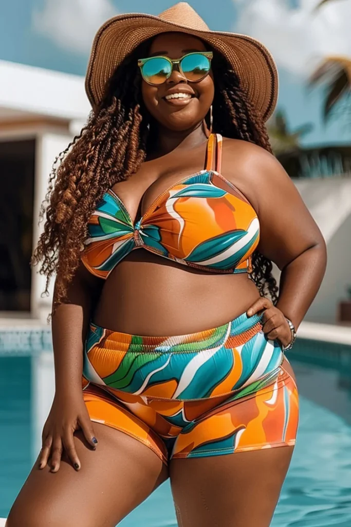 Plus Size Beach Multicolor Tropical Print Pull-On Waist Two Pieces Swimsuit