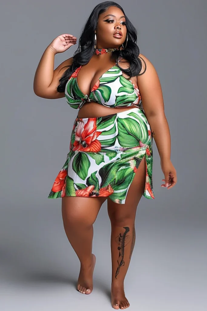 Plus Size Beach Multicolor Tropical Print Split Three Piece Set