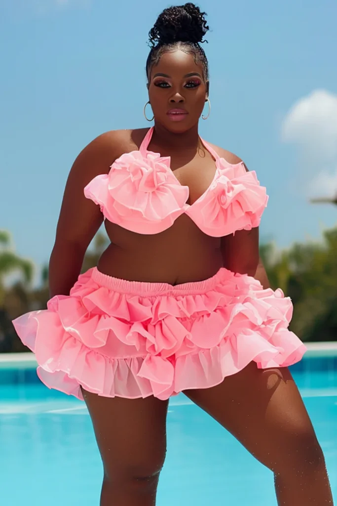 Plus Size Beach Pink Halter Collar Ruffle Two Pieces Swimsuit