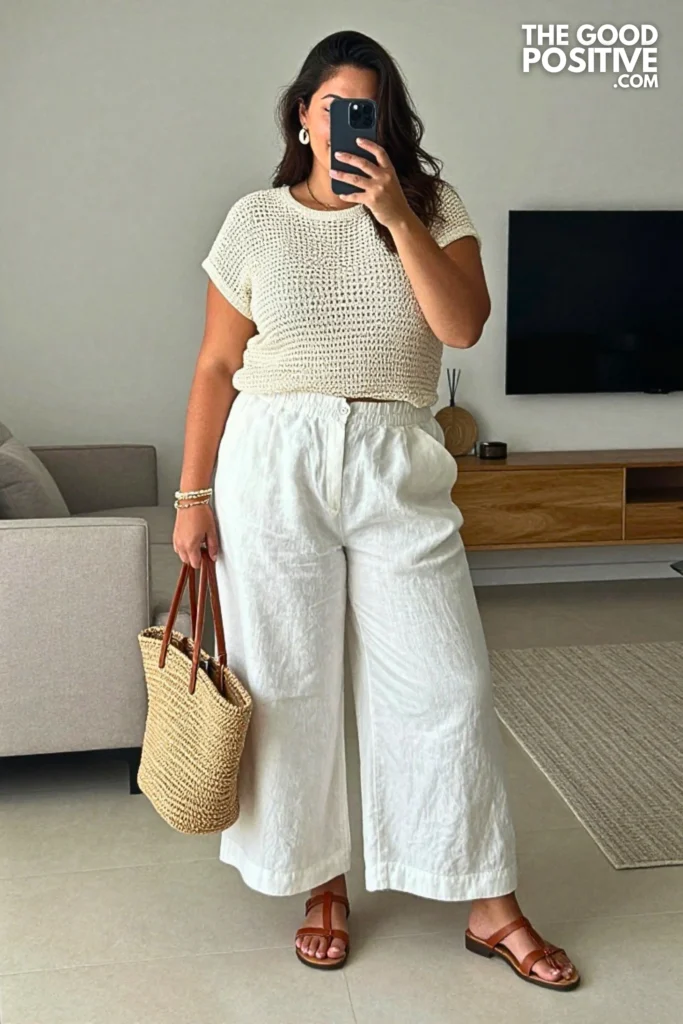 Plus Size Beachy Crochet Cover-Up Top With Linen Shorts Outfit