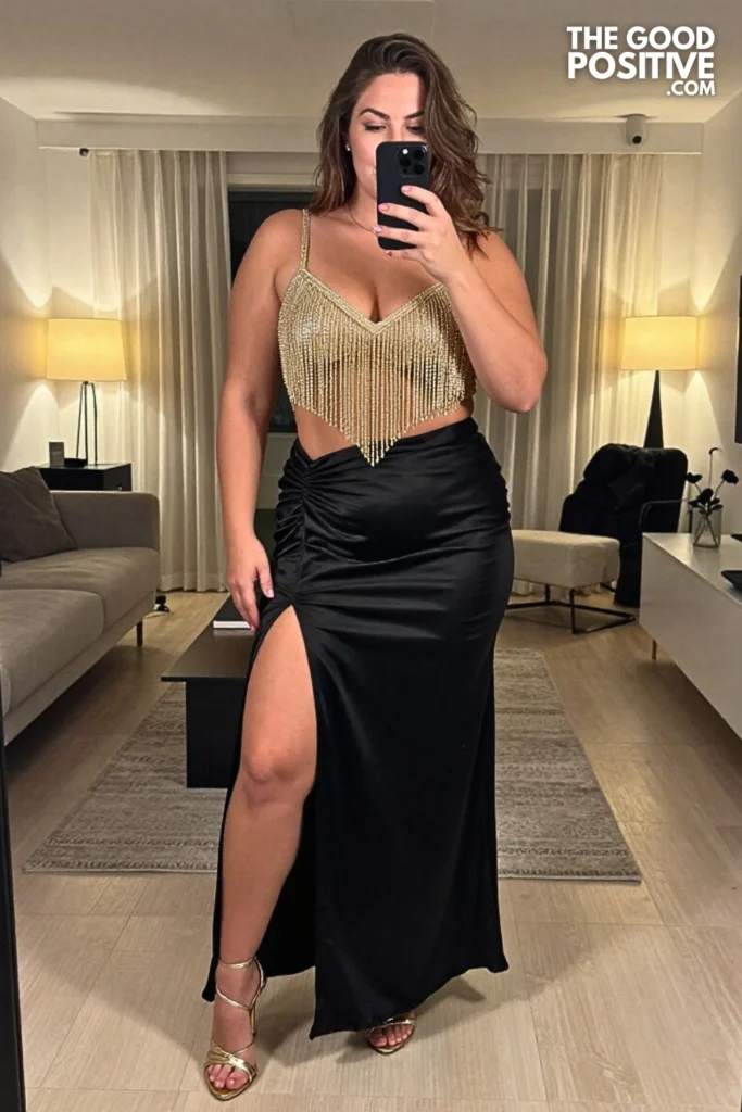 Plus Size Beaded Fringe Crop Top With Satin Maxi Skirt Outfit