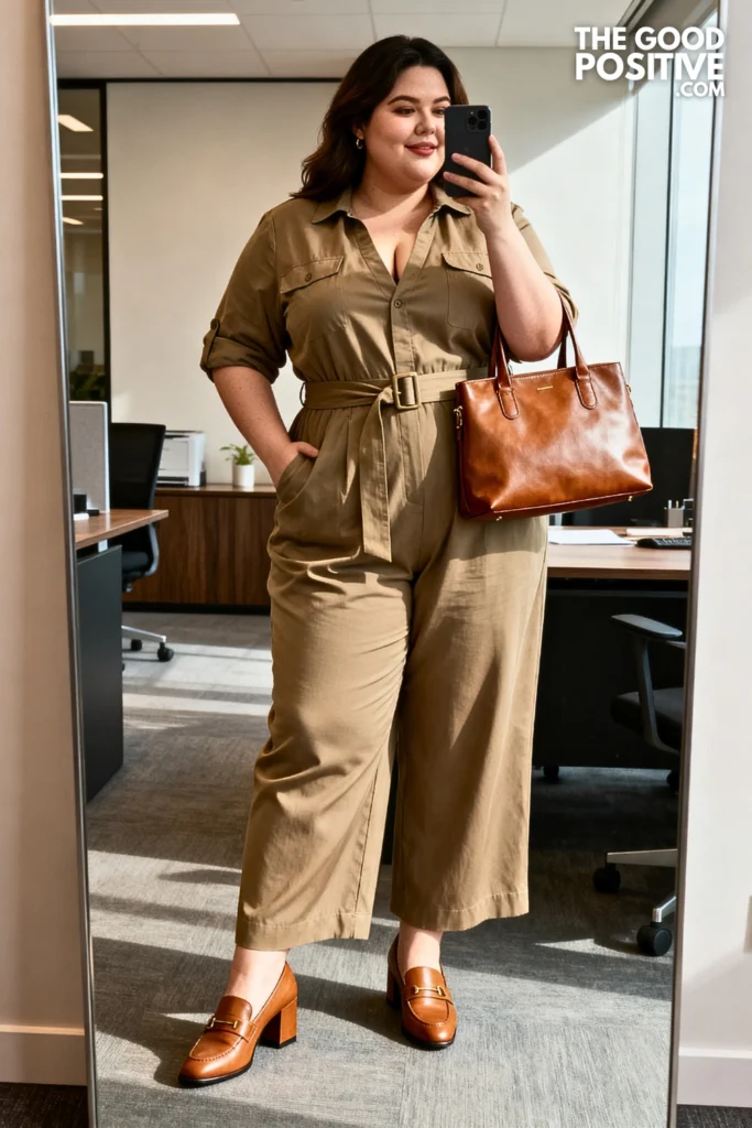Plus Size Belted Utility Jumpsuit in Cotton Twill Outfit