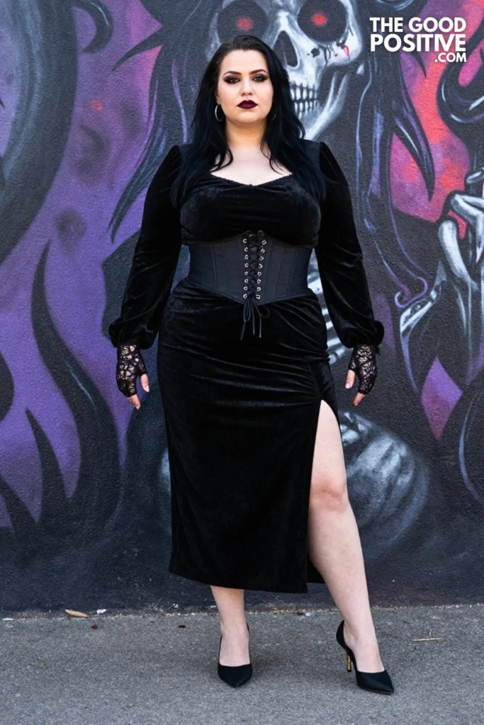 Plus Size Black Burnout Velvet Midi Skirt With Corset Belt Outfit