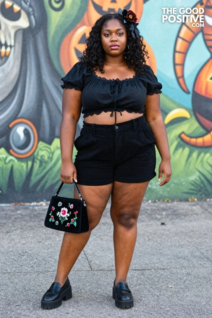 Plus Size Black Cottagecore Goth Prairie Blouse With Corduroy Shorts Outfit