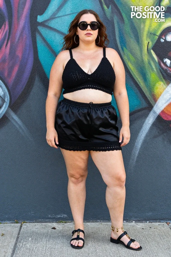 Plus Size Black Crochet Co-Ord Set With Satin Slip Shorts Outfit