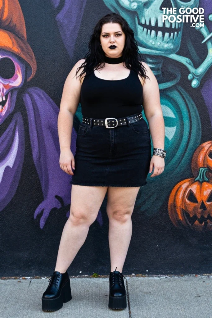Plus Size Black Denim Skirt With Graphic Goth Turtleneck Bodysuit Outfit