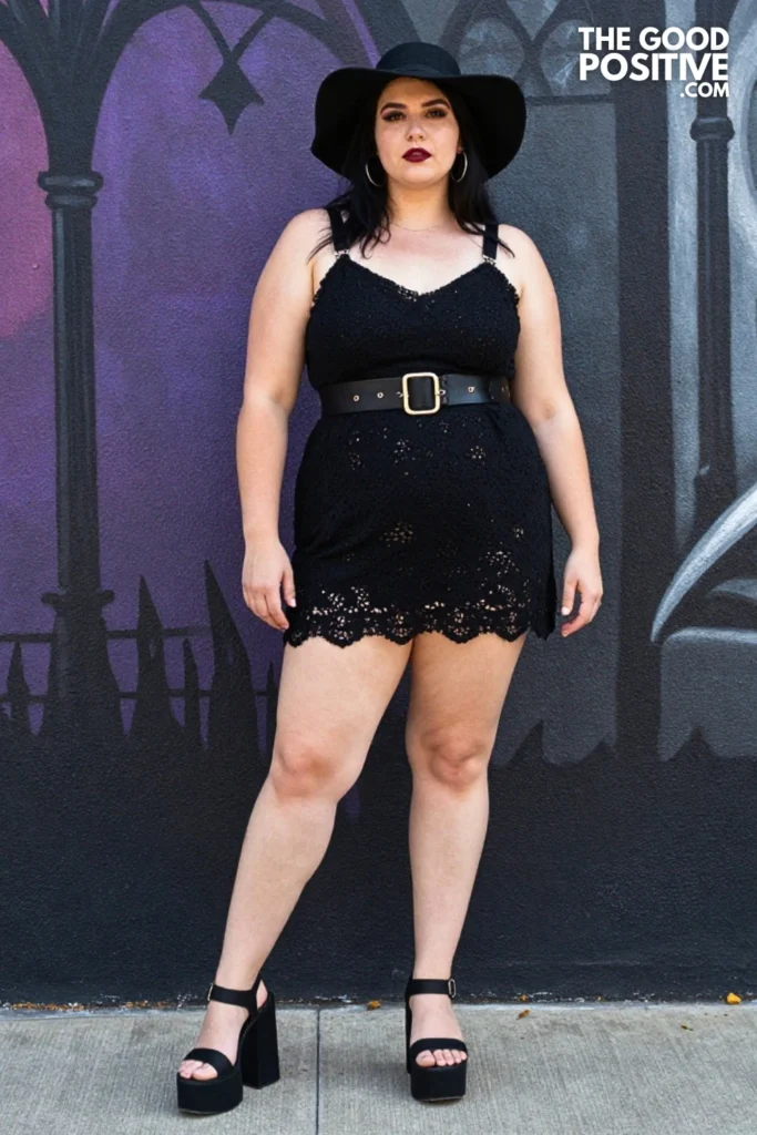 Plus Size Black Eyelet Cotton Sundress With Leather Harness Outfit