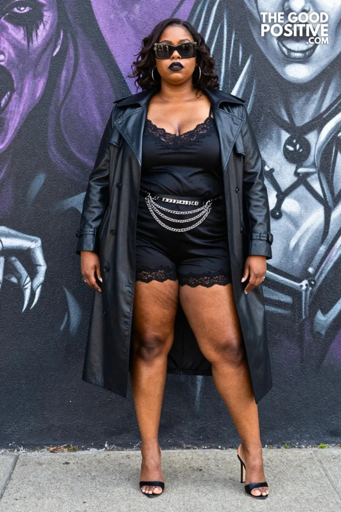 Plus Size Black Faux Leather Trench Coat With Gothic Slip Set Outfit