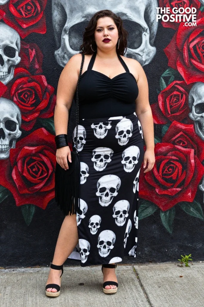 Plus Size Black Halter Neck Ruched Top With Goth Printed Maxi Skirt Outfit