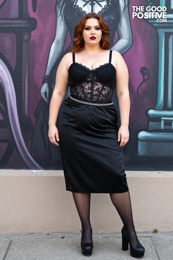 Plus Size Black Lace Corset Top With Satin Midi Skirt Outfit