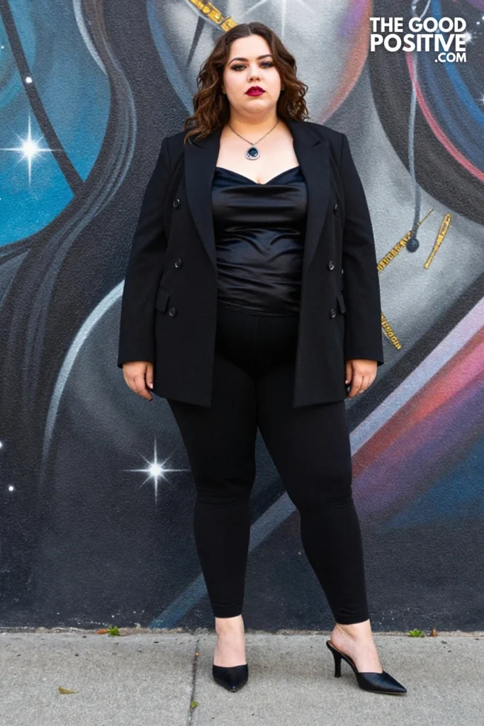 Plus Size Black Leggings With Longline Structured Blazer Outfit