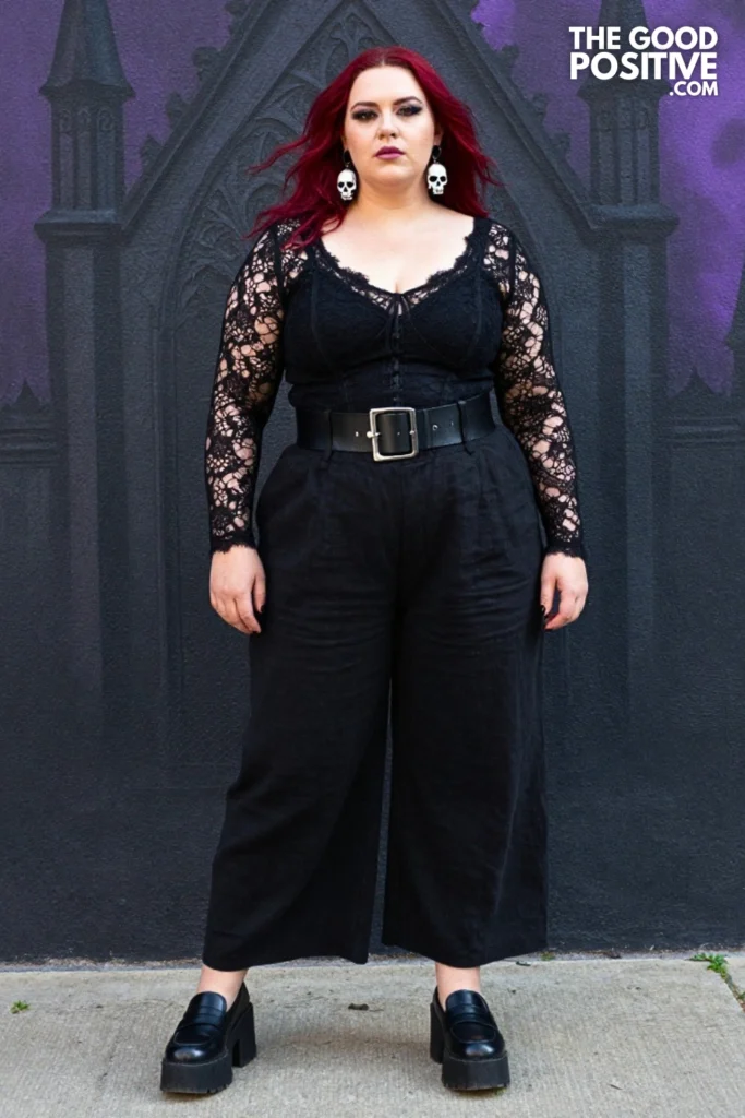 Plus Size Black Linen Wide-Leg Pants With Corseted Lace Blouse Outfit