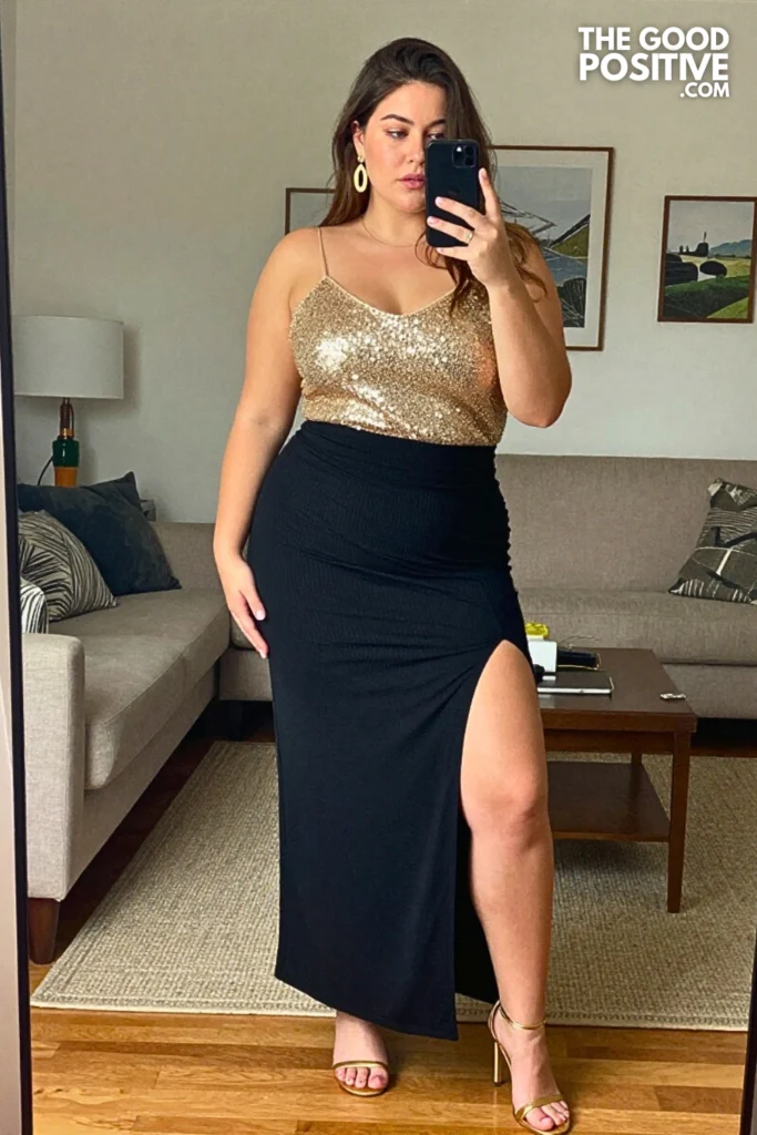 Plus Size Black Maxi Skirt With Sequin Camisole Top Outfit