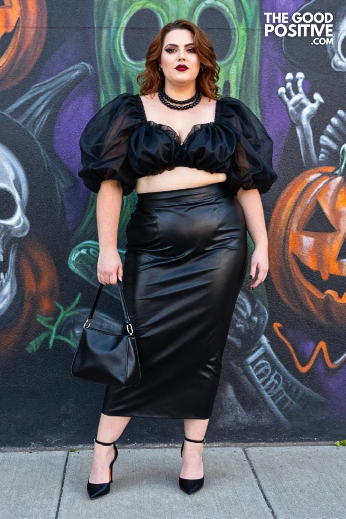 Plus Size Black Organza Puff-Sleeve Blouse With Leather Midi Skirt Outfit