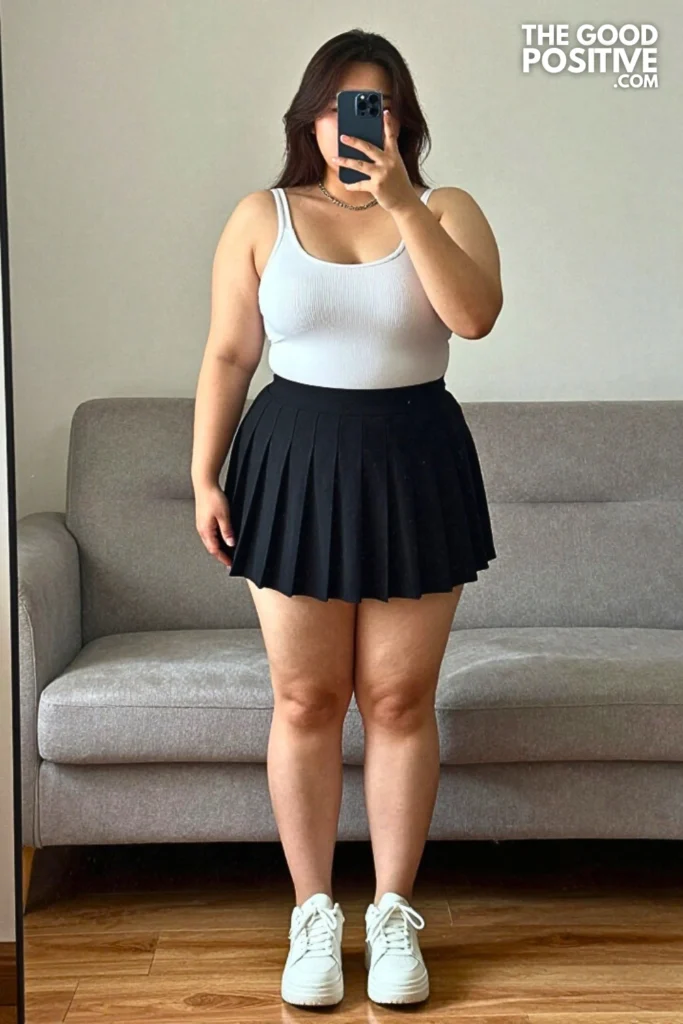Plus Size Black Pleated Tennis Skirt With Ribbed Bodysuit Outfit