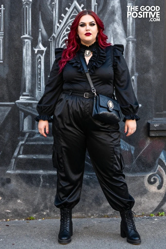 Plus Size Black Satin Cargo Pants With Gothic Ruffle Blouse Outfit