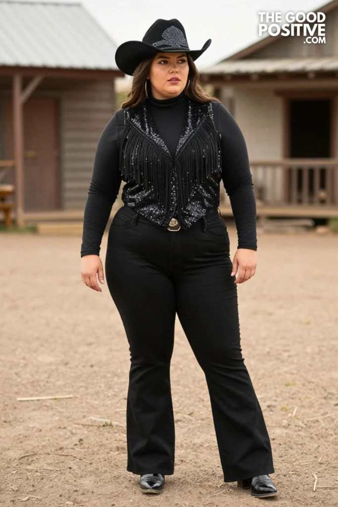 Plus Size Black Sequin Fringe Western Vest & High-Waisted Flared Trousers Party Outfit