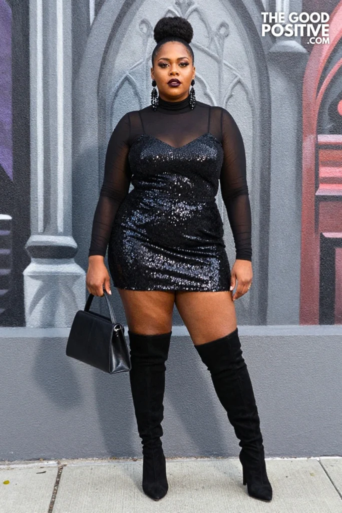 Plus Size Black Sequin Mini Skirt With Gothic Mesh Turtleneck Outfit